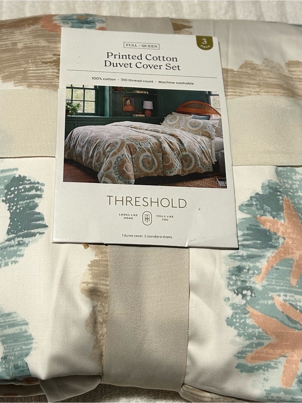 Threshold Printed Cotton Duvet Cover Set - Cream, Tan & Blue - Picture 3 of 4